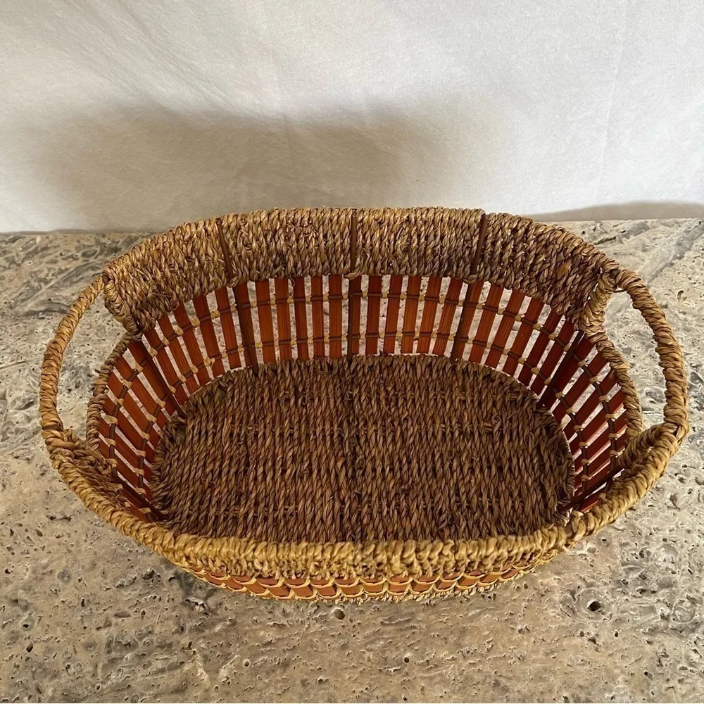Unique, vintage, oval, boho rattan and bamboo decorative fruit/storage basket